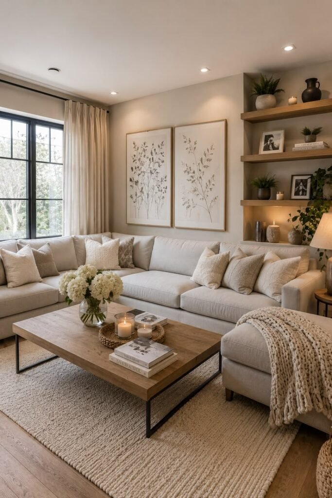 Neutral living room with a sectional sofa, floating shelves, and a coffee table styled with candles and flowers