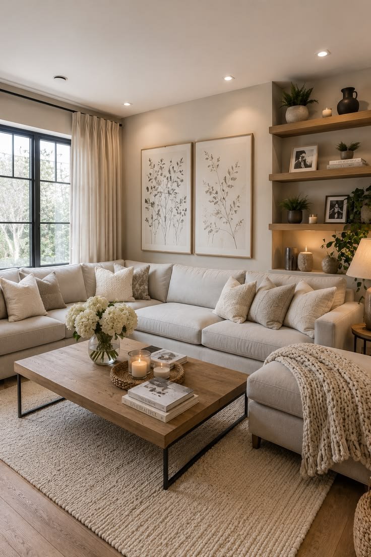 Neutral living room with a sectional sofa, floating shelves, and a coffee table styled with candles and flowers