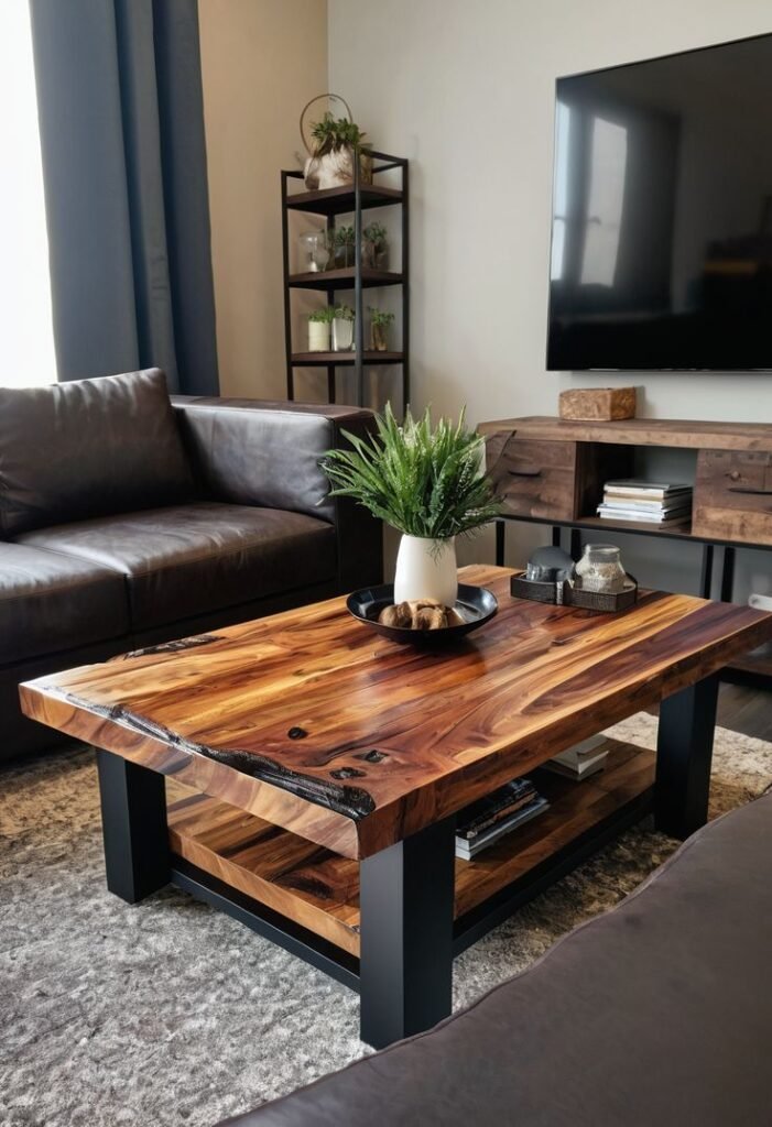 Live-edge wood coffee table in front of a leather sofa and media console