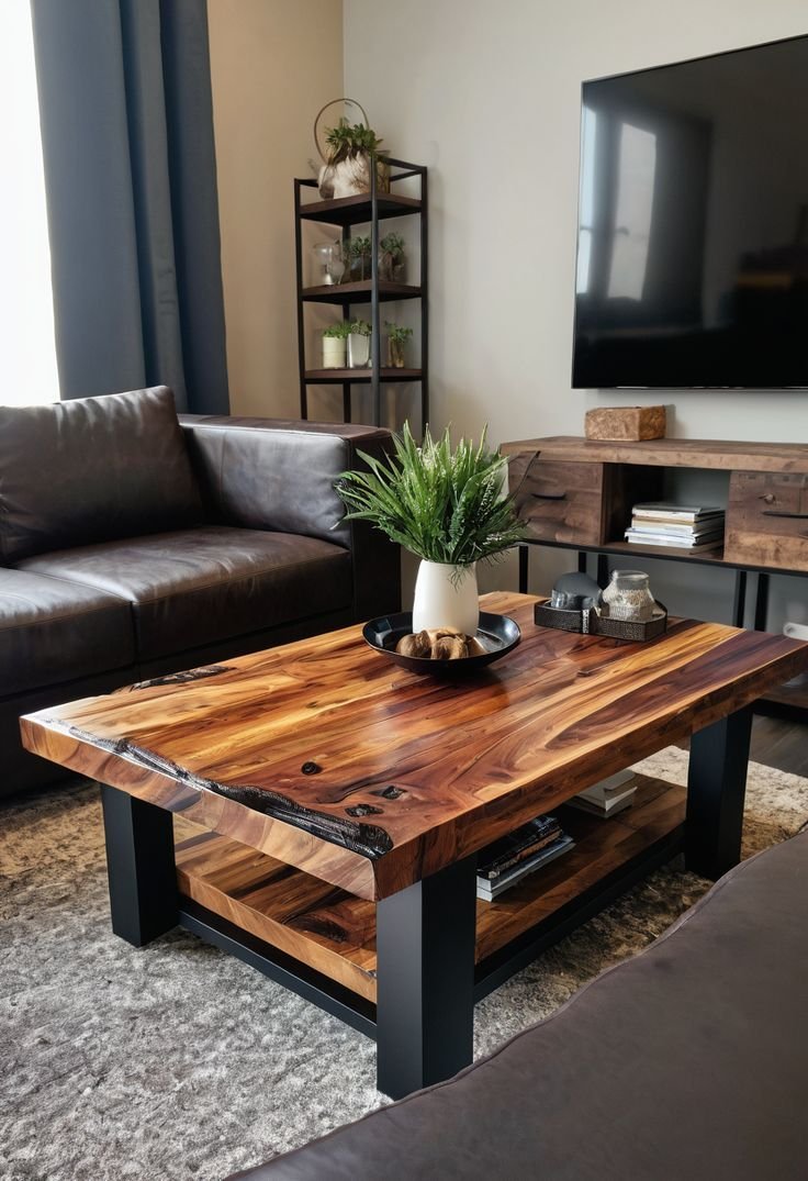 Live-edge wood coffee table in front of a leather sofa and media console