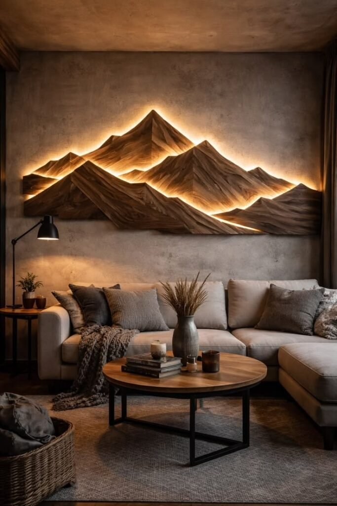 Living room with an illuminated wood mountain wall sculpture above a sofa and round coffee table