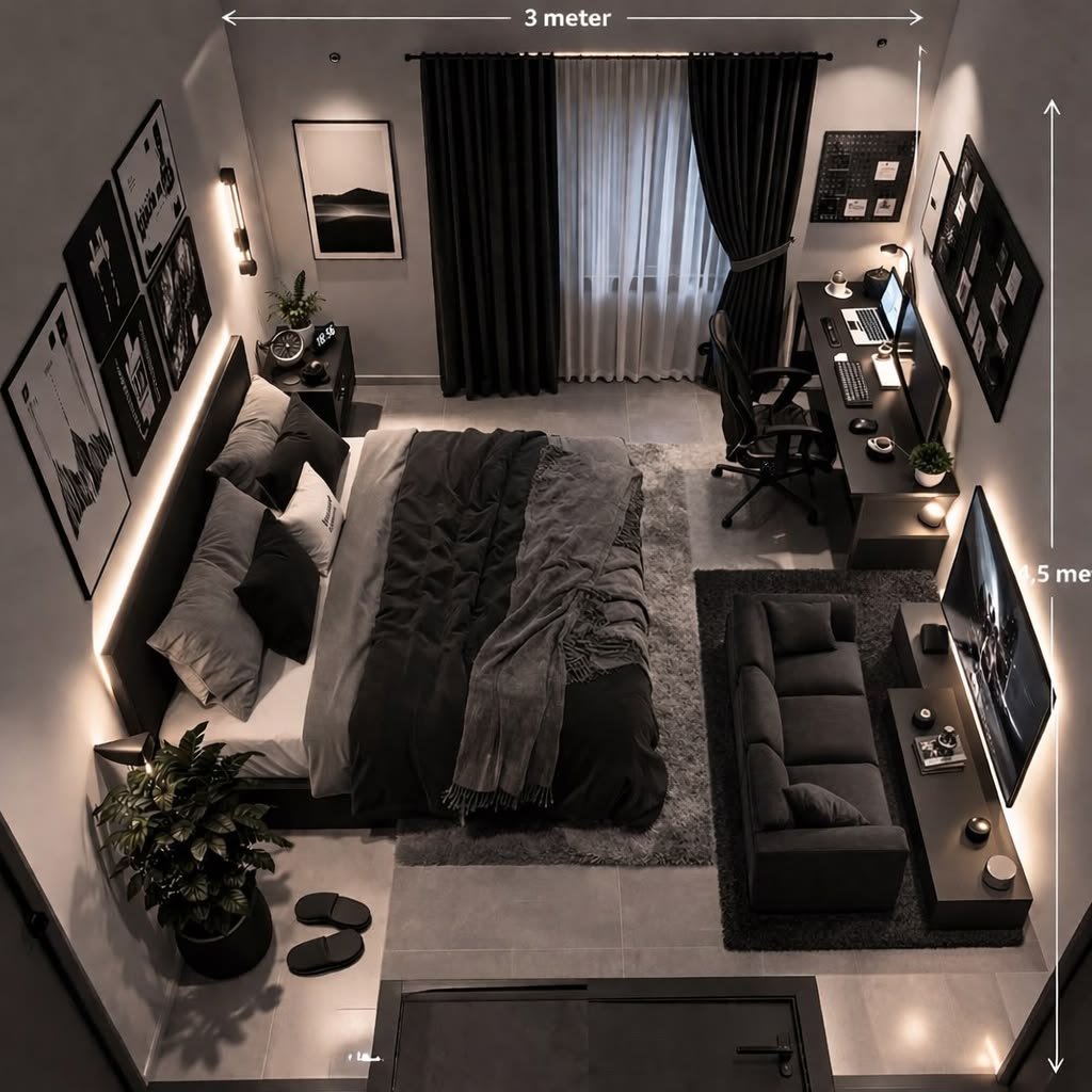 Overhead view of a moody bedroom with a gallery wall and home office desk