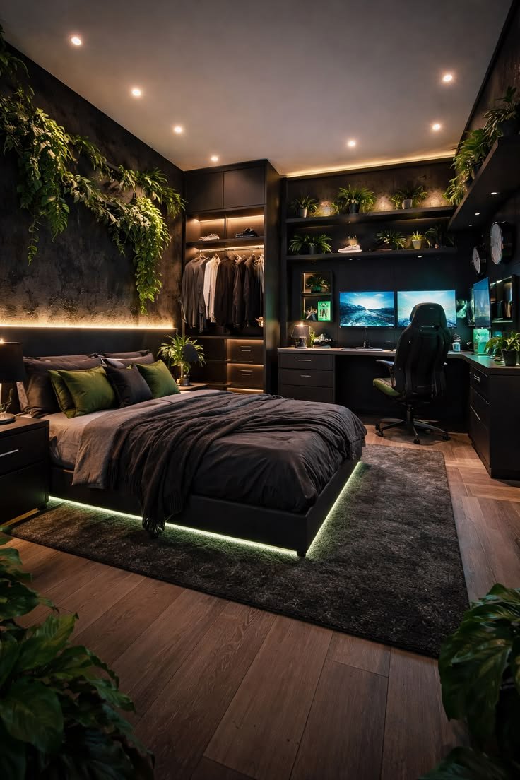 Dark, plant-filled bedroom with a gaming desk and LED-lit bed frame