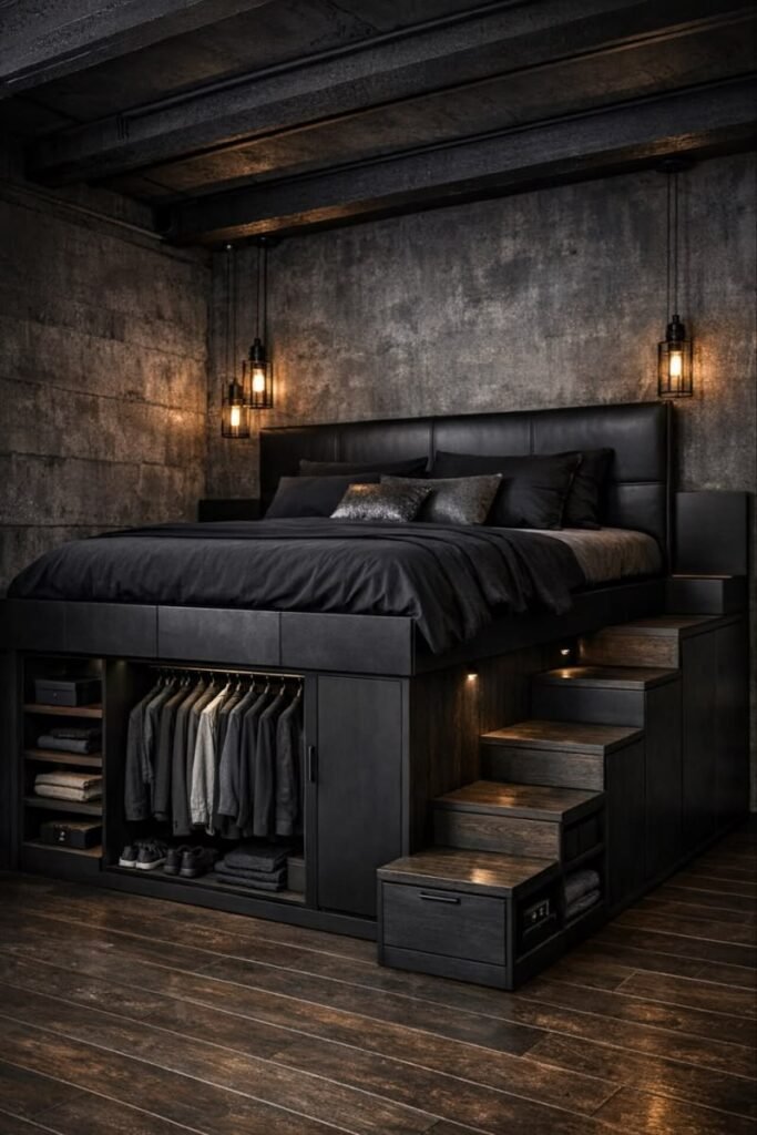 Dark, plant-filled bedroom with a gaming desk and LED-lit bed frame