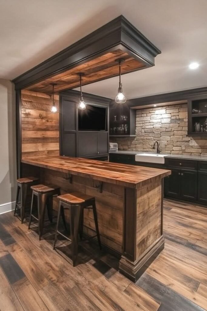 Rustic home bar with a wood counter, stone backsplash, and pendant lighting