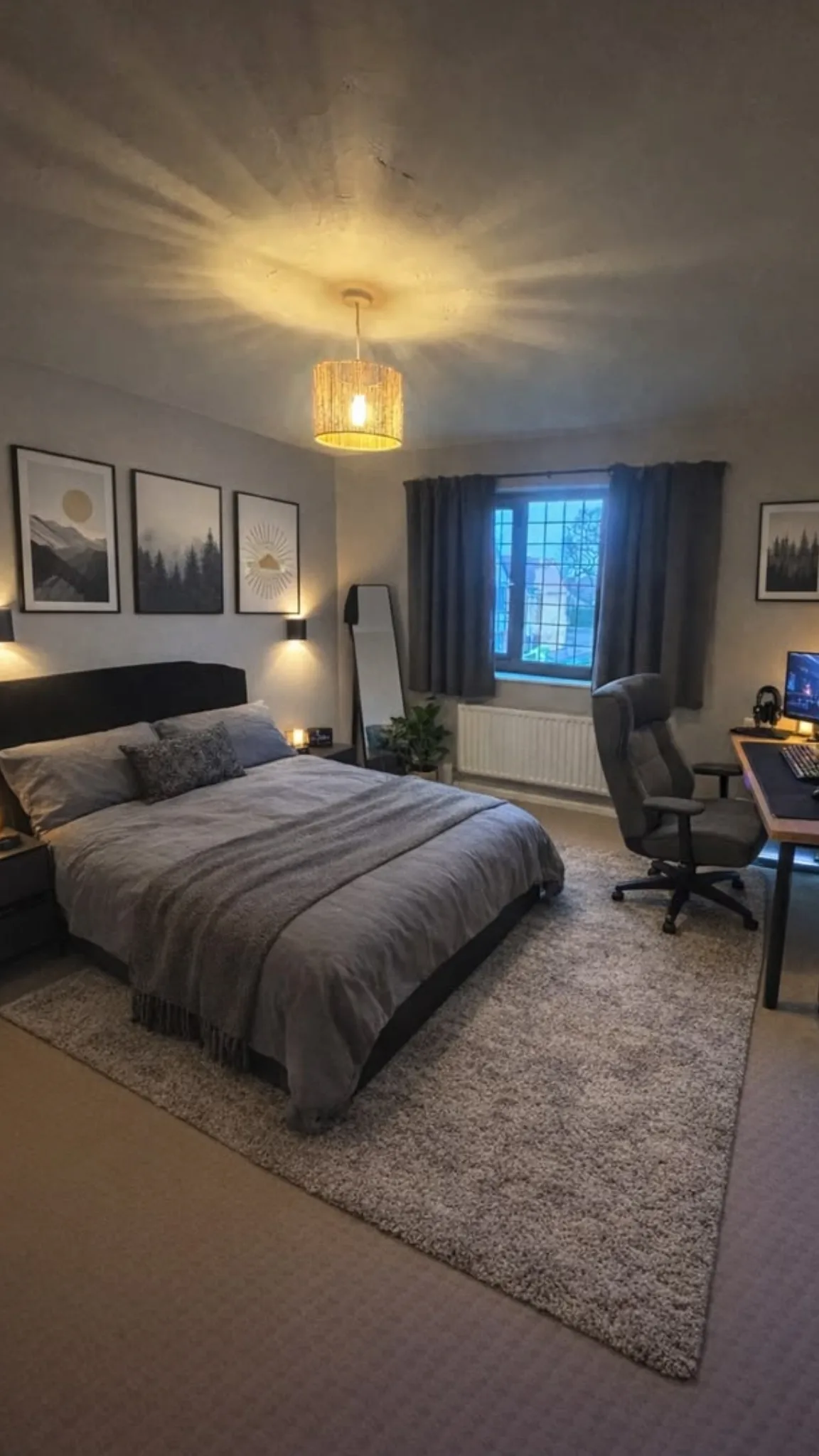Cozy bedroom with a pendant light, framed art prints, and a home desk setup