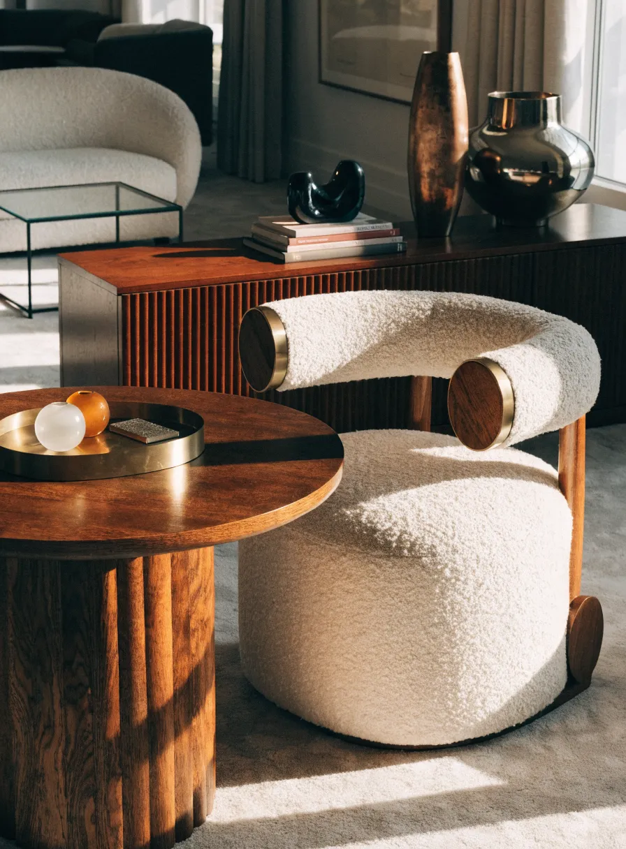 Curved boucle accent chair beside a round wood side table in a warm, styled living room