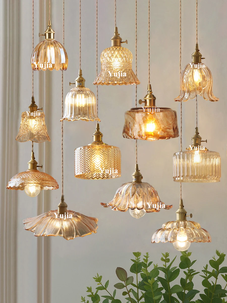 Brass & Amber Glass Pendant Light