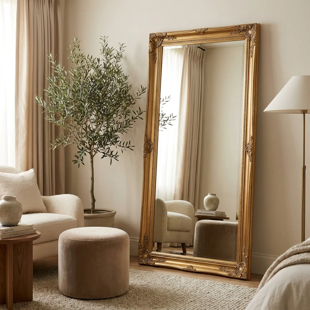 Gold-framed full-length standing floor mirror