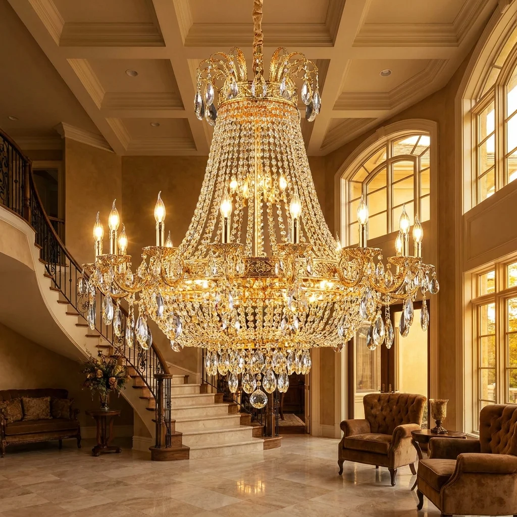 Large gold crystal chandelier for foyer or living room