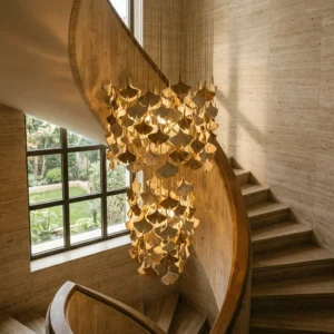 Double-layered ceramic ginkgo leaf chandelier for staircase or lobby