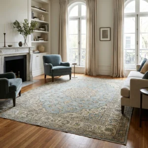 Antique blue hand-knotted Persian silk rug with floral pattern