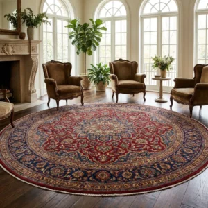 Round hand-knotted silk Persian rug with floral medallion pattern