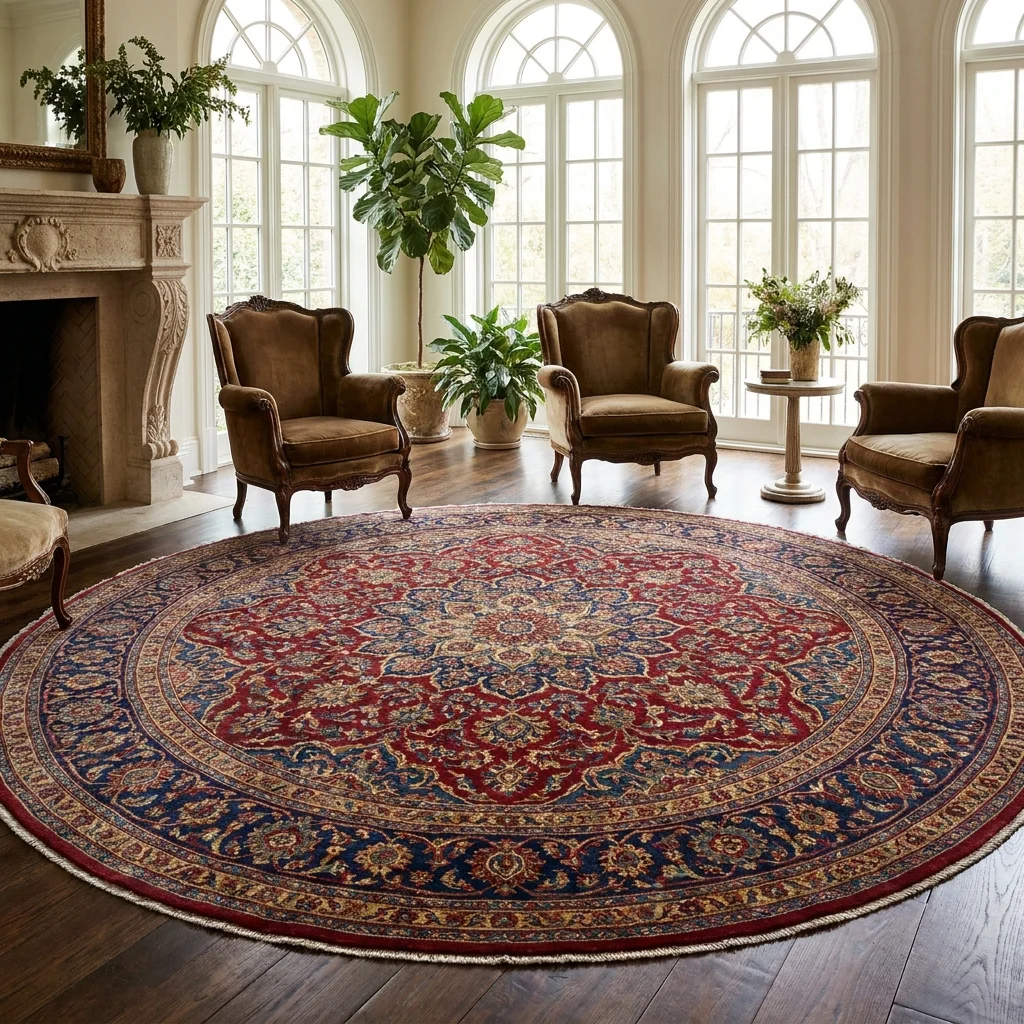 Round hand-knotted silk Persian rug with floral medallion pattern