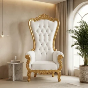 White diamond-tufted high-back throne accent chair with gold metal frame