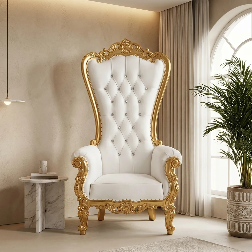 White diamond-tufted high-back throne accent chair with gold metal frame