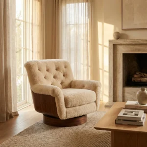 Cream shearling swivel accent chair with solid wood base