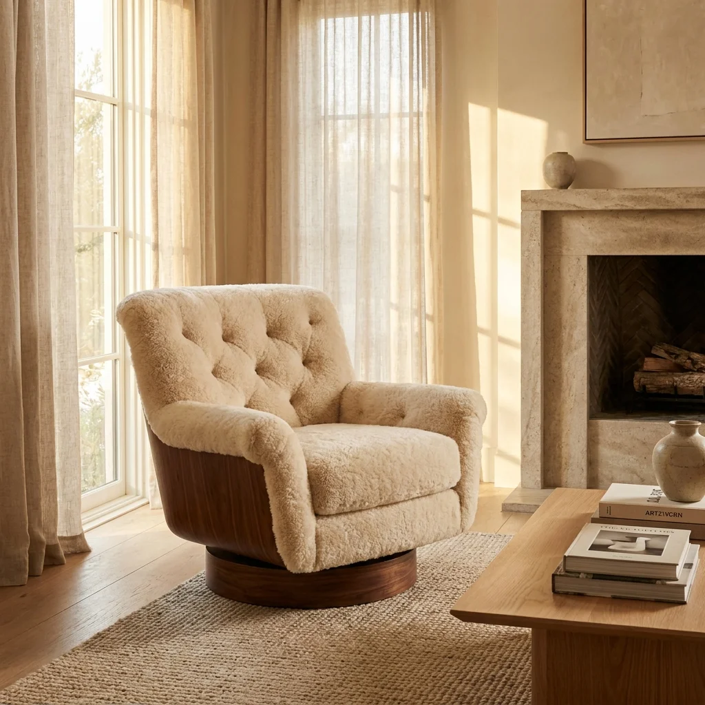 Cream shearling swivel accent chair with solid wood base