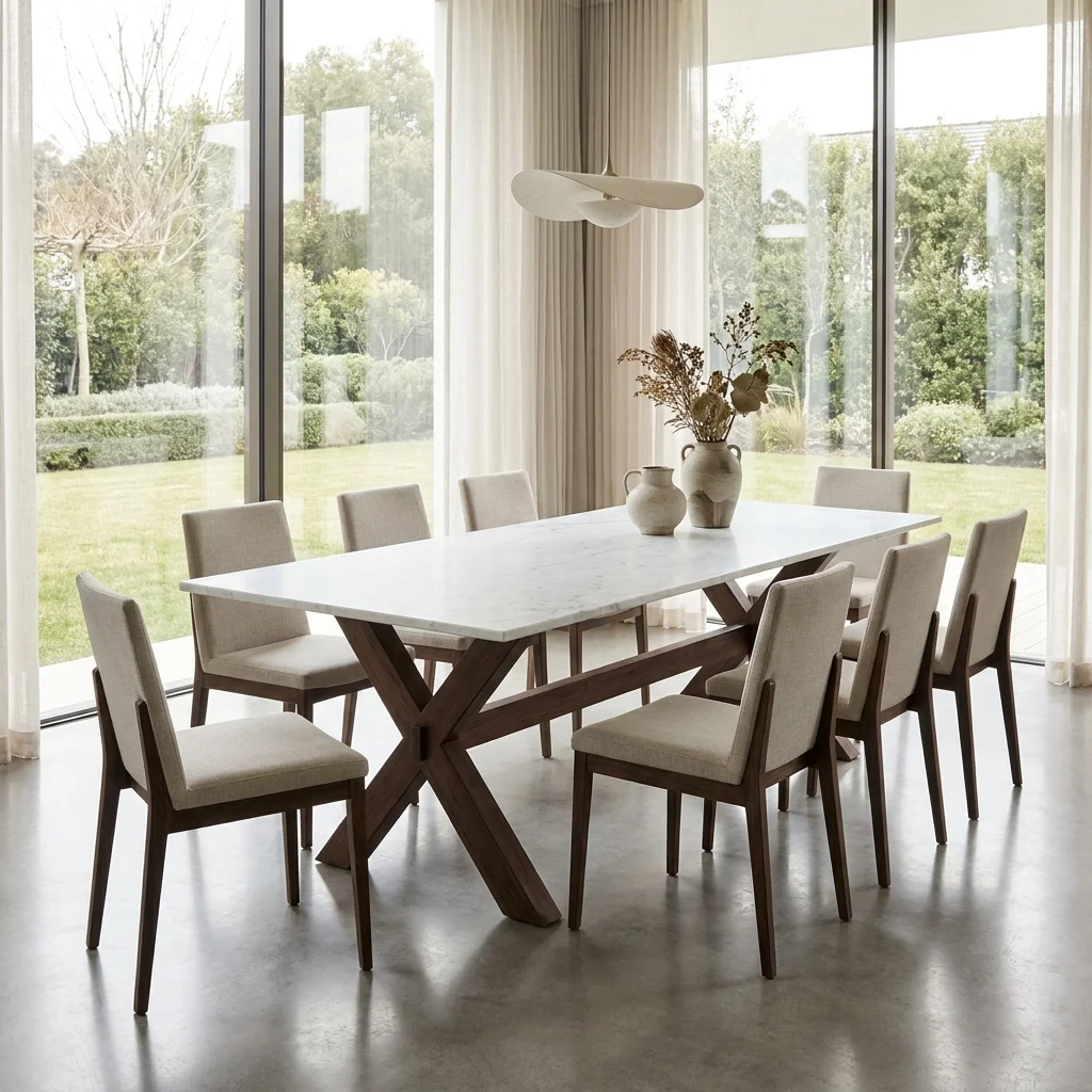 Natural marble dining table with walnut wood base in a modern dining room