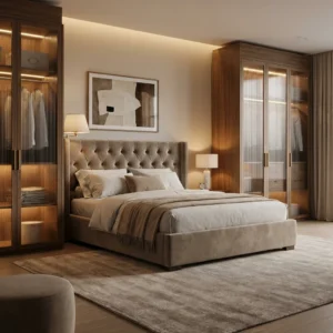 Complete luxury bedroom set with upholstered bed and matching wardrobes