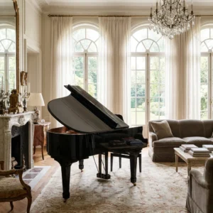 Glossy black grand piano in a bright living room