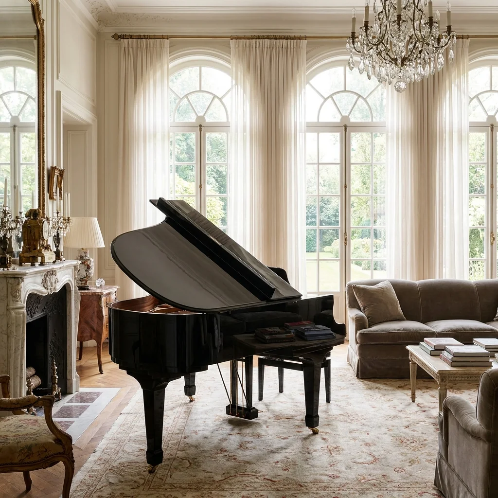 Glossy black grand piano in a bright living room