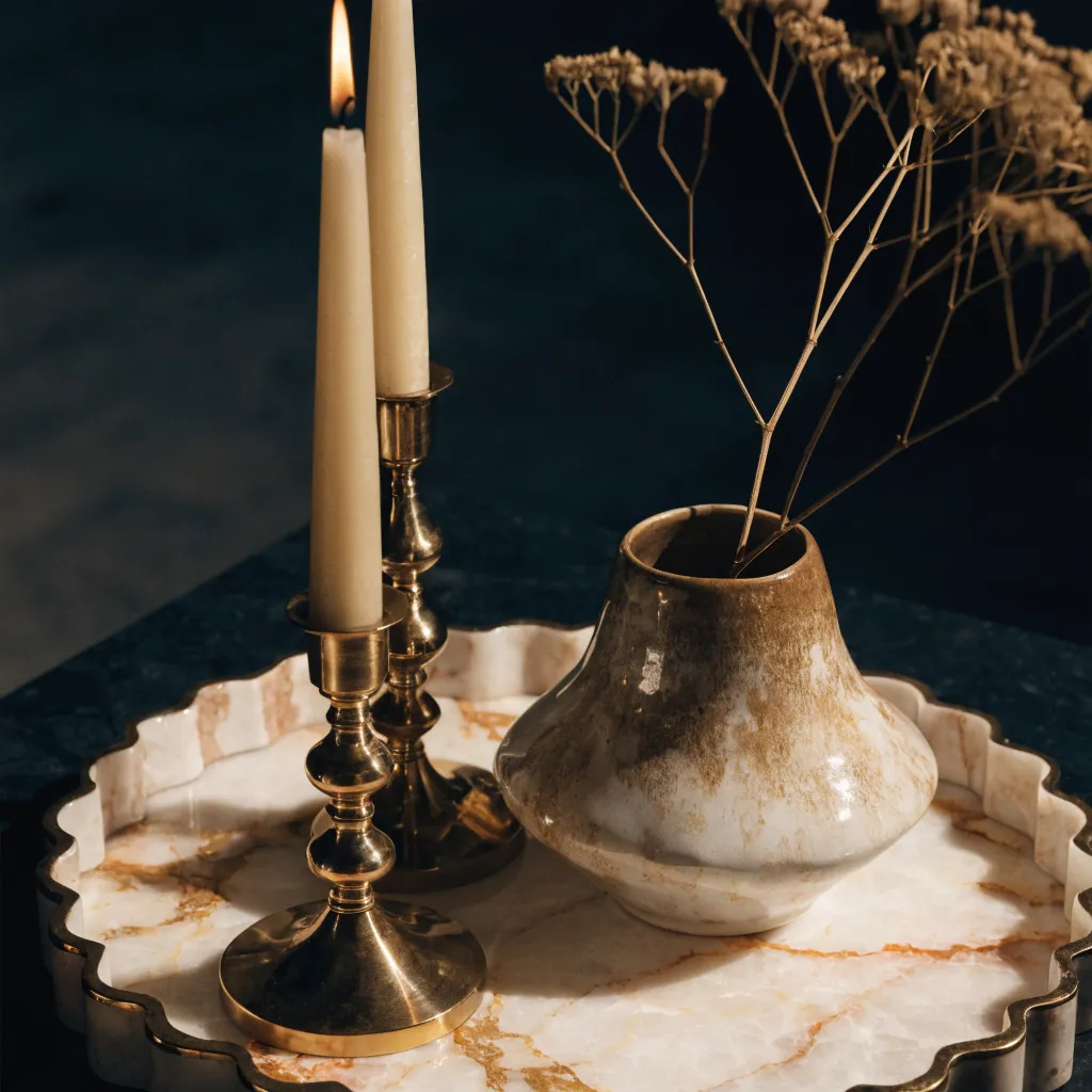 Brass candlesticks with lit taper candles beside a ceramic vase of dried flowers on a marble tray