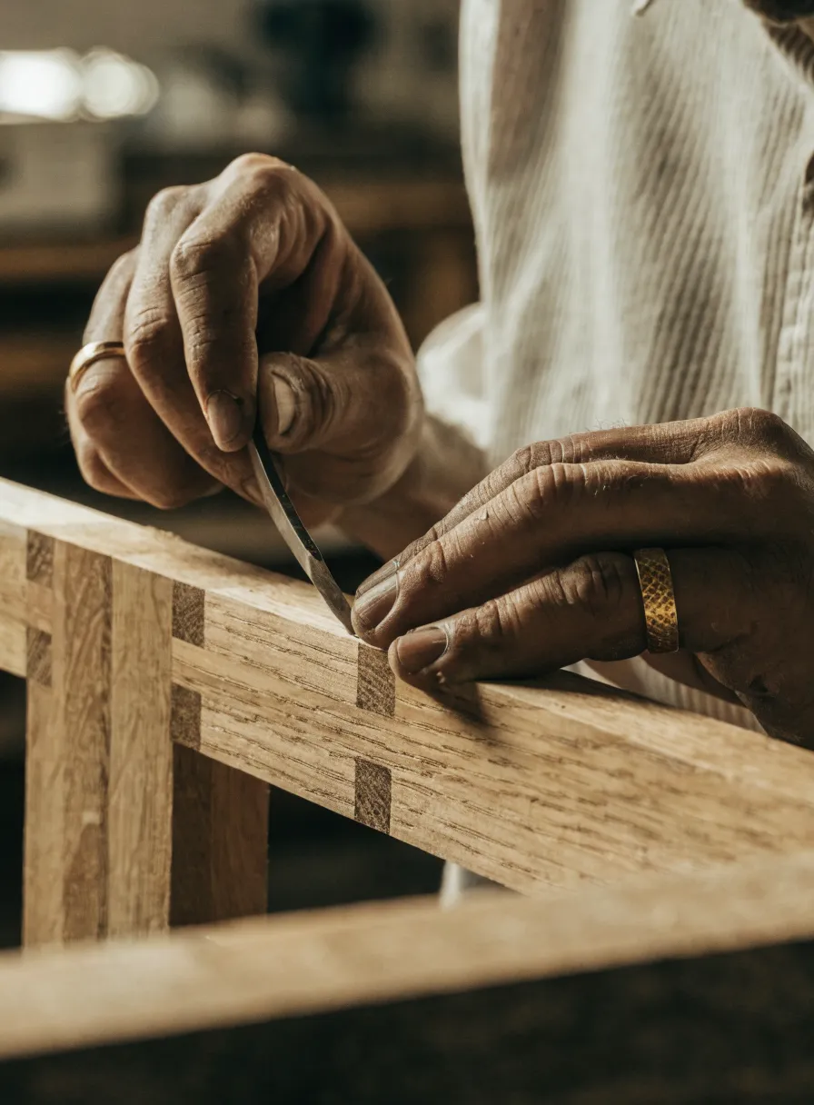 Artisan hand-finishing a wood joinery detail on a furniture frame