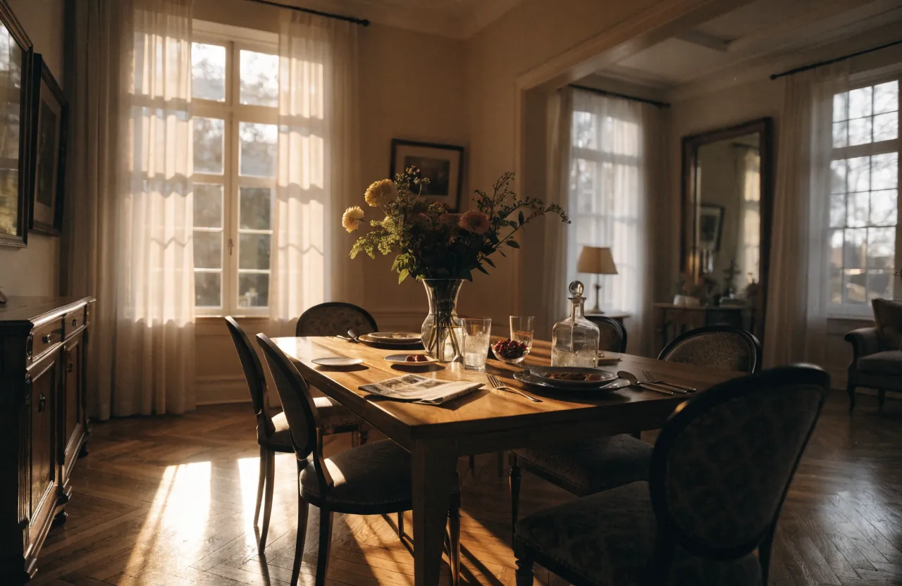 Sunlit dining room with a wooden table set for breakfast and sheer curtains
