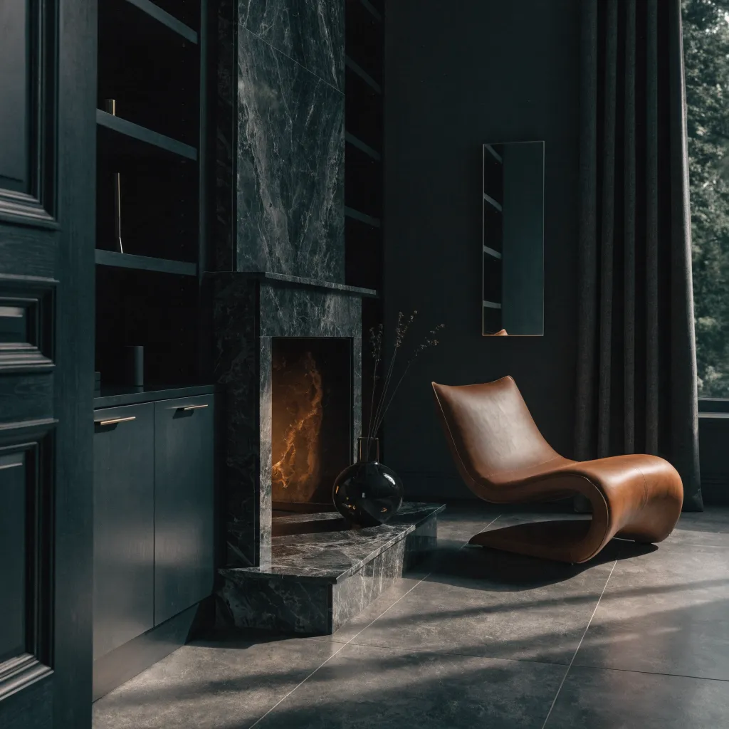 Moody living room with a leather chaise lounge and marble fireplace