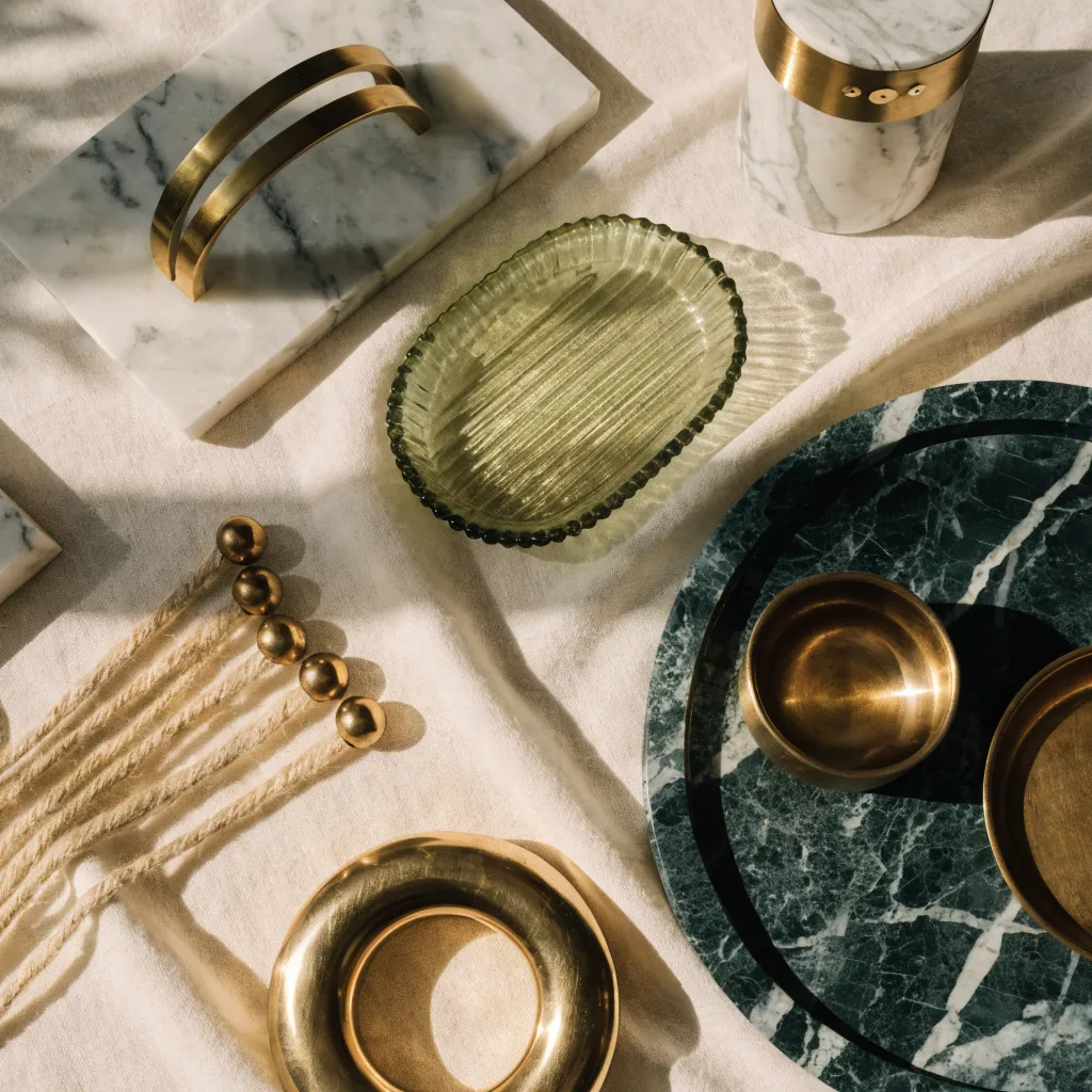 Flat lay of brass trays, bowls, and decorative objects styled on marble and linen