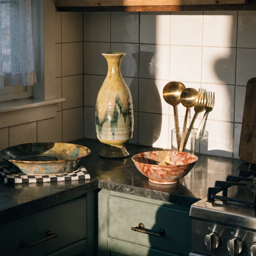 Handmade ceramic vase and bowls styled on a kitchen counter with brass utensils