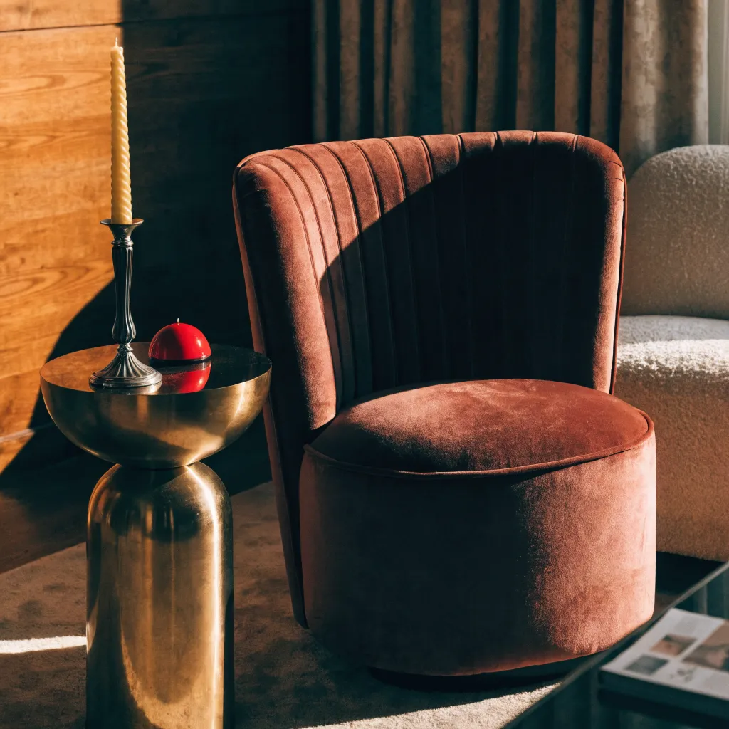 Pink velvet accent chair beside a brass side table with a lit candle