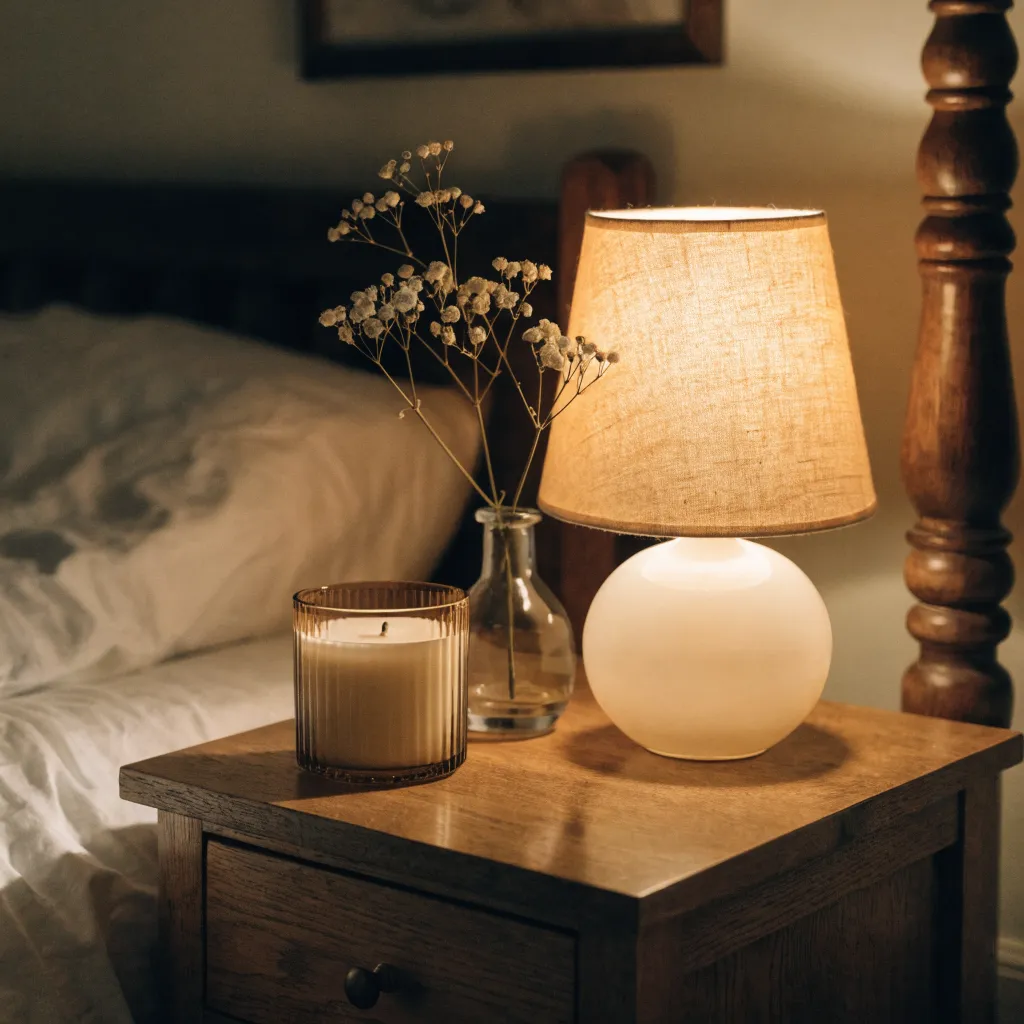Ceramic table lamp glowing warmly on a wooden nightstand beside a candle