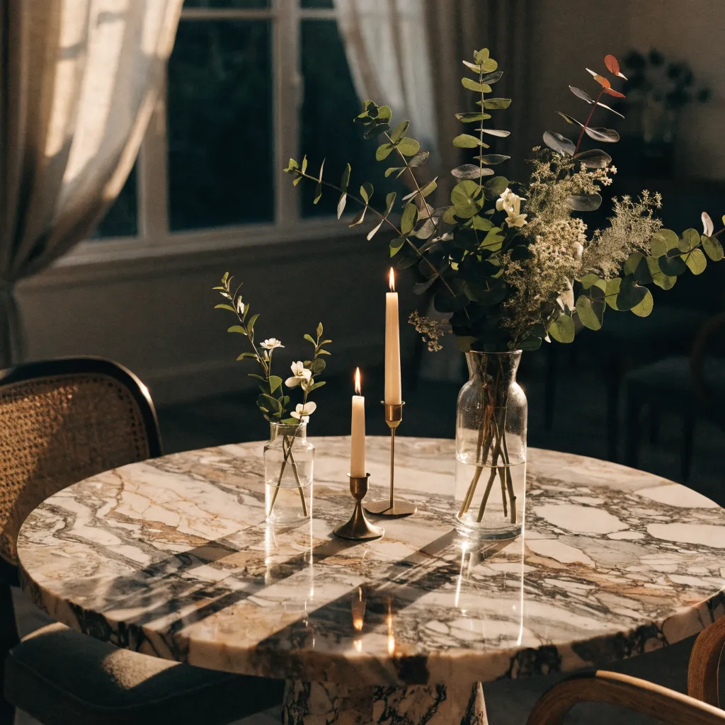 Marble side table with lit candles and a glass vase of eucalyptus greenery