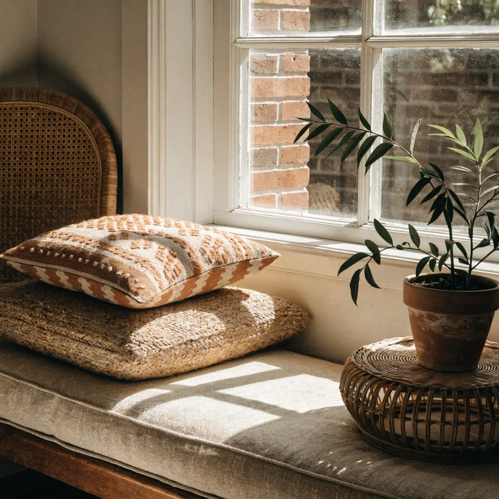 Woven cane bench with patterned throw pillows beside a potted plant