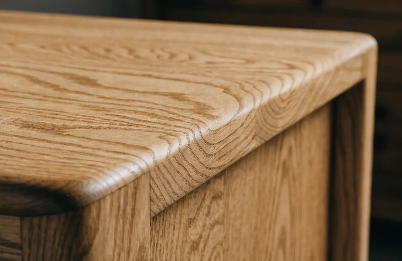 Close-up of warm oak wood grain on a furniture corner joint