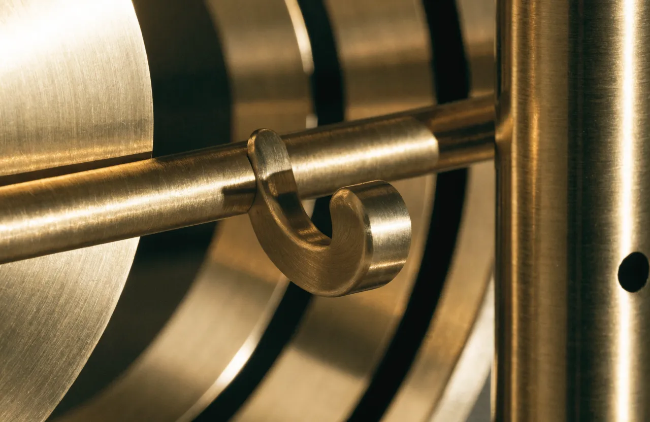 Close-up of brushed brass hardware and hooks