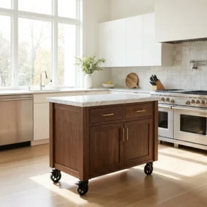 Marble-top kitchen island trolley cart with cabinet storage on wheels