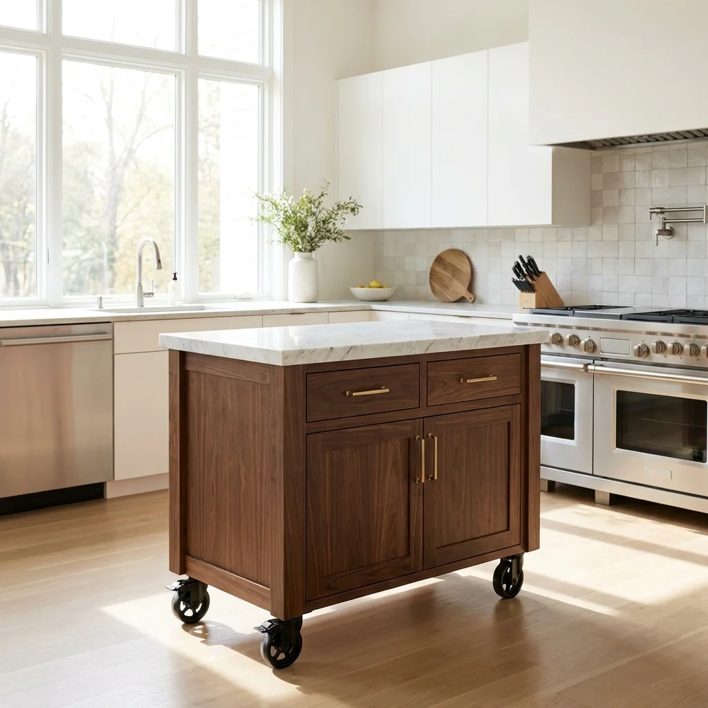 Marble-top kitchen island trolley cart with cabinet storage on wheels