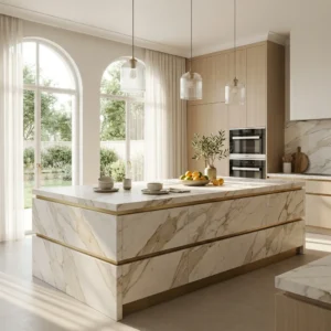 Italian-style luxury marble kitchen island with gold accents