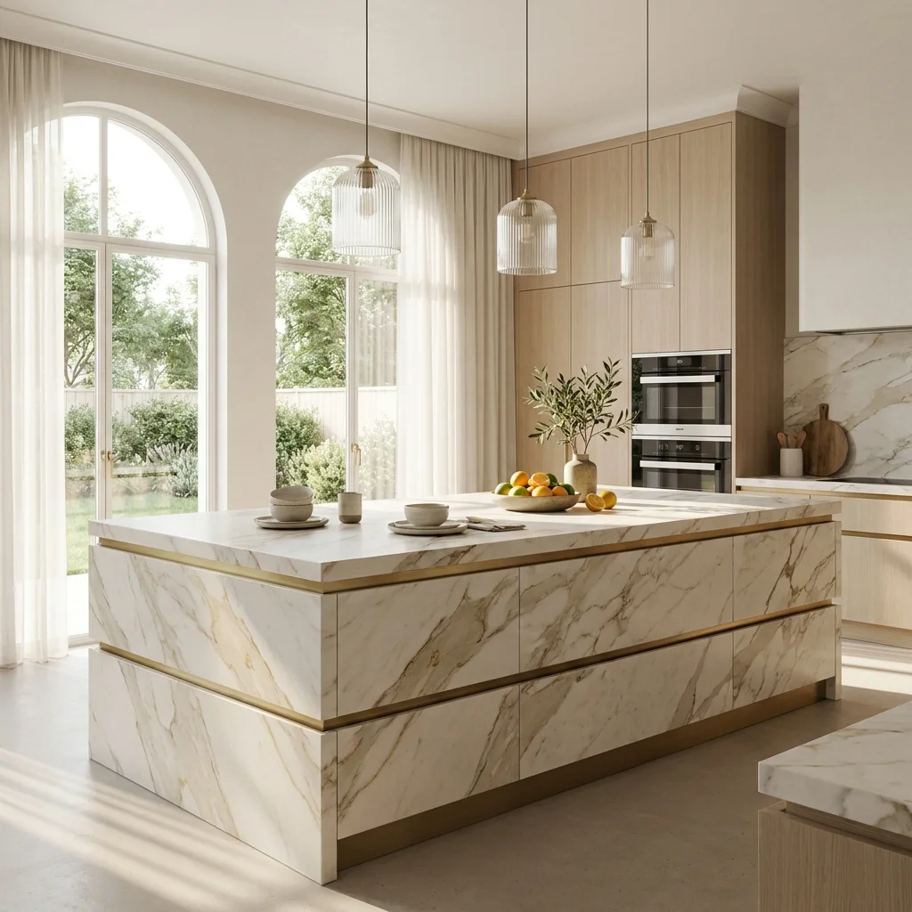 Italian-style luxury marble kitchen island with gold accents