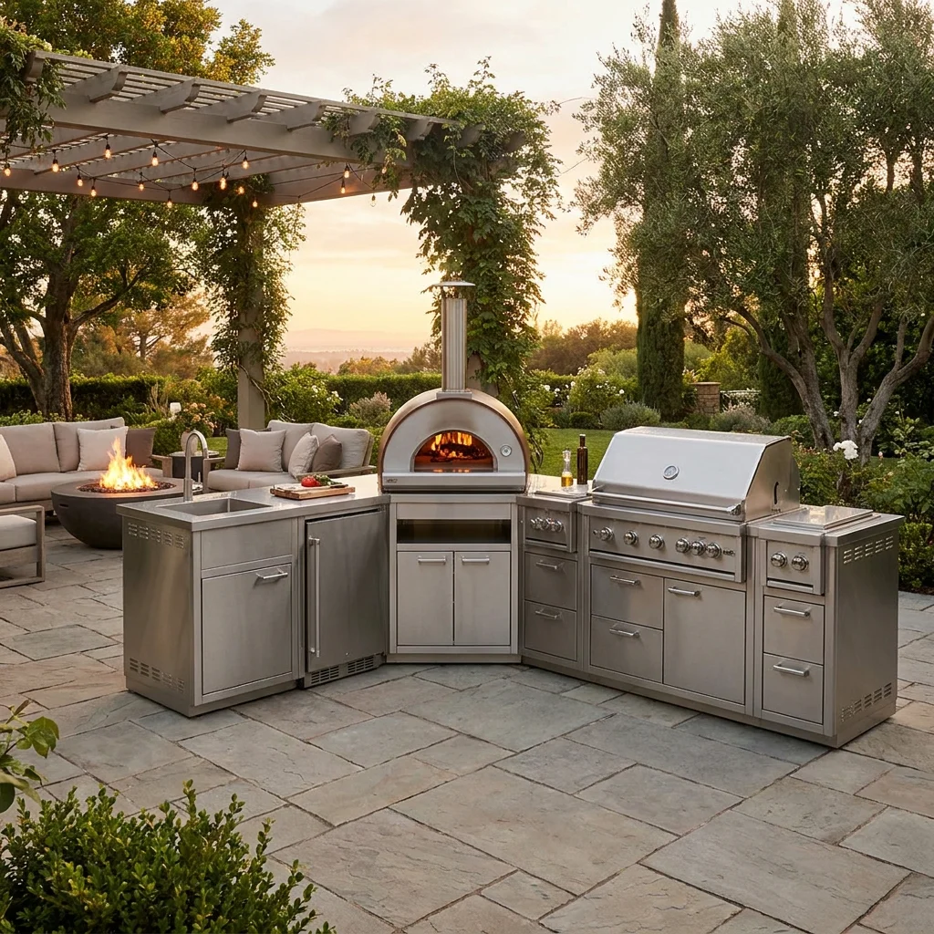 Stainless steel outdoor kitchen BBQ island with built-in pizza oven