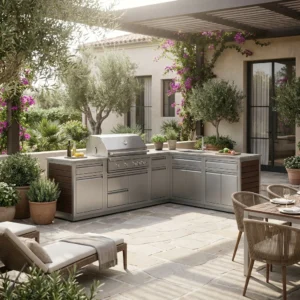 Modular aluminum garden kitchen with built-in grill island