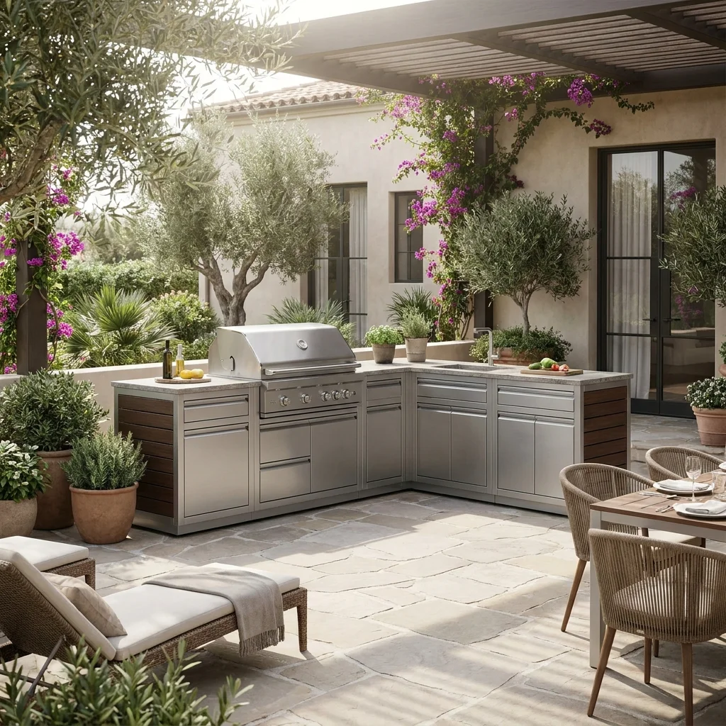 Modular aluminum garden kitchen with built-in grill island