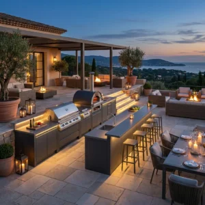 Large modular aluminum outdoor kitchen with pizza oven and BBQ island