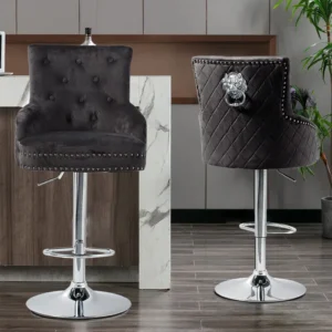 Velvet Swivel Bar Stool with Lion Ring Detail