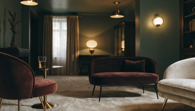 Small luxury living room with warm lighting, decorative accents, and elegant furniture from Way~Up Luxury