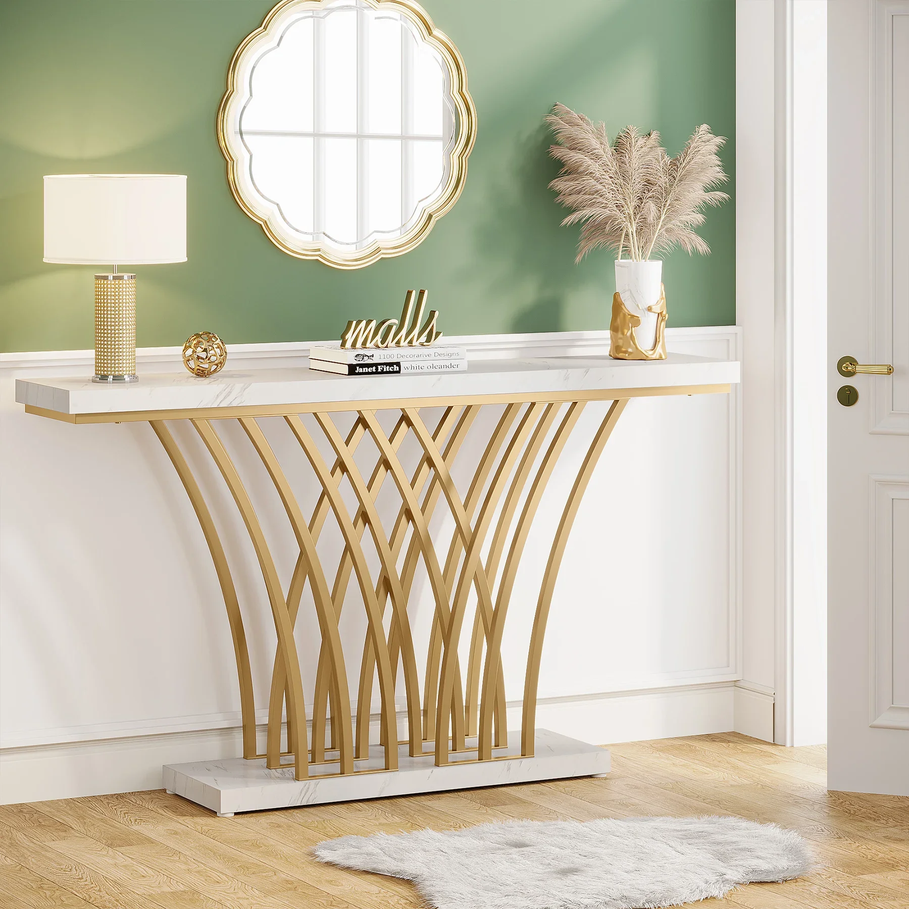 59-Inch Gold Console Table with Grid Metal Base