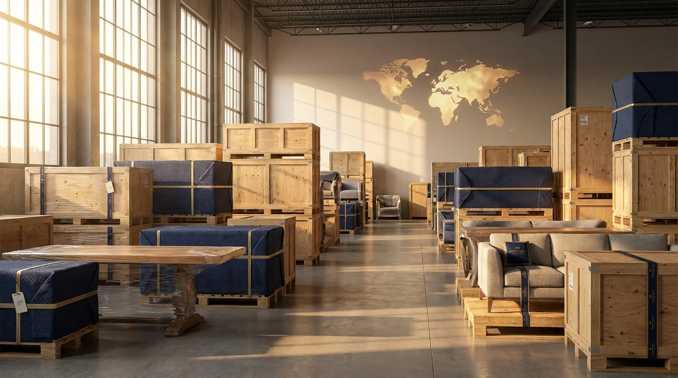 Warehouse of premium furniture packed and ready for worldwide wholesale shipping